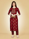 Jyoti Fashion Women's Maroon Viscose Rayon Embroidered Kurta Pant Set