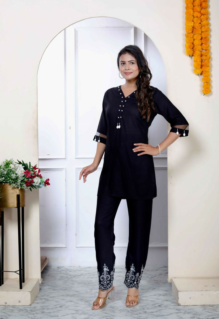 Miravan Women's Solid Black Rayon Co-Ord Set