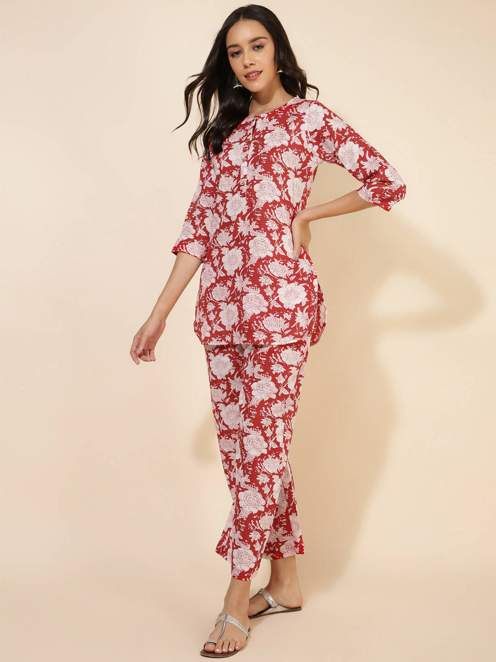 Janasya Women's Red Cotton Cambric Floral Printed Casual Straight Top Set