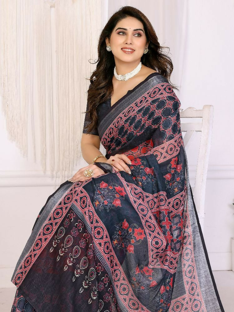 PR Fashion Wine Handloom Linen Cotton Zari Saree
