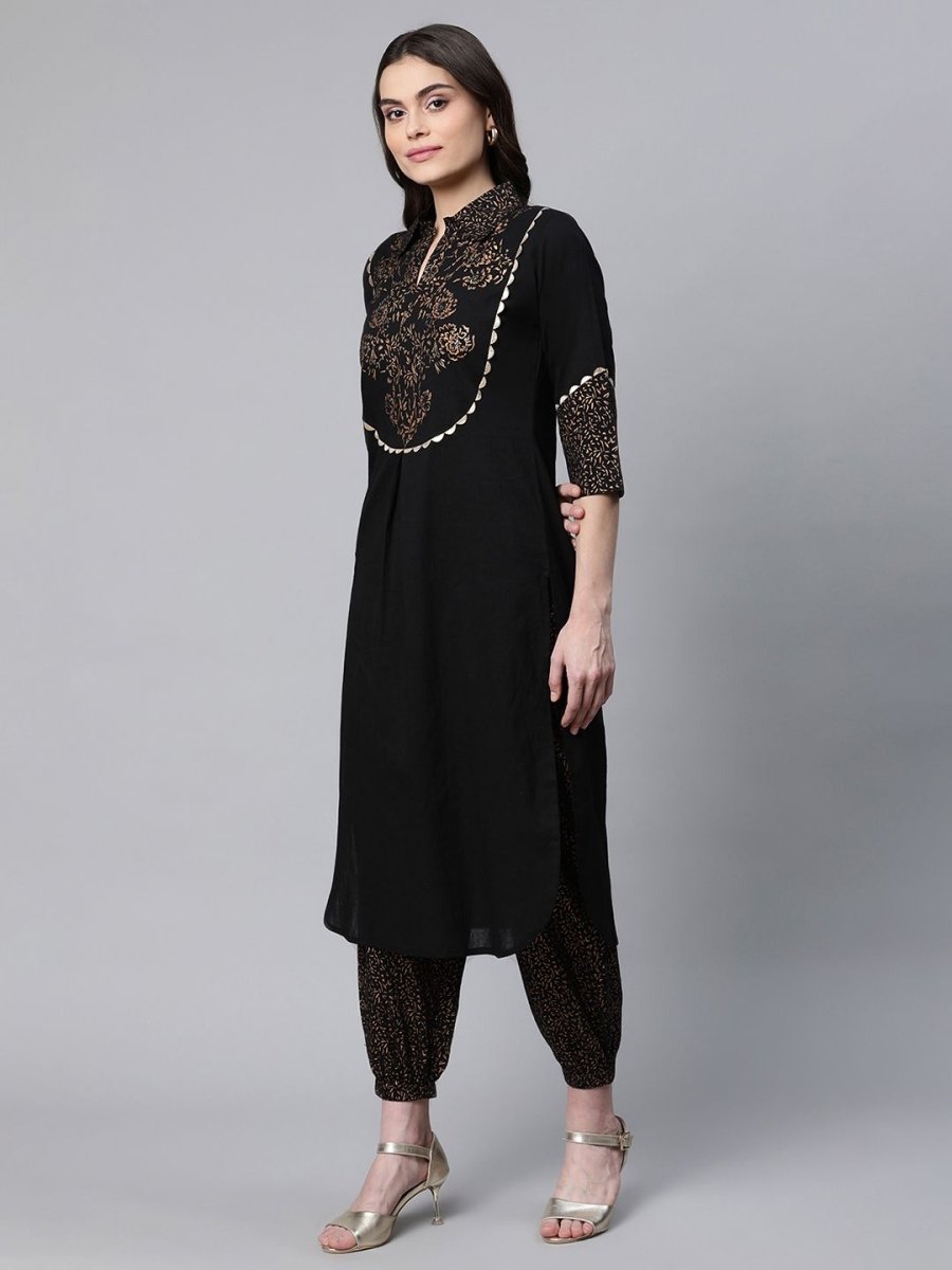 Ahalyaa Women Black Colour Pure Cotton Printed Kurta Pant Set