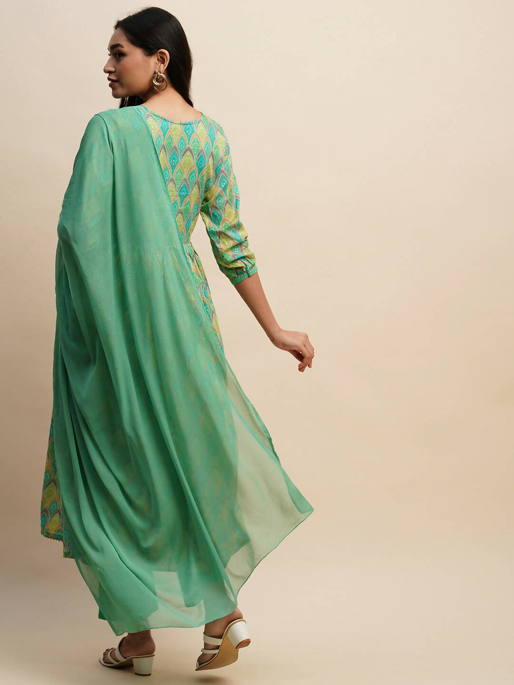 Sea Green Pure Cotton Bandhani Printed Naira Cut Kurta And Bottom With Dupatta - Akashara
