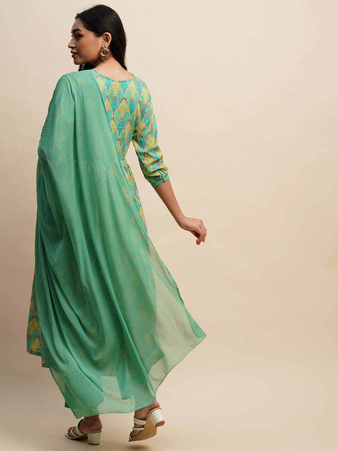 Sea Green Pure Cotton Bandhani Printed Naira Cut Kurta And Bottom With Dupatta - Akashara