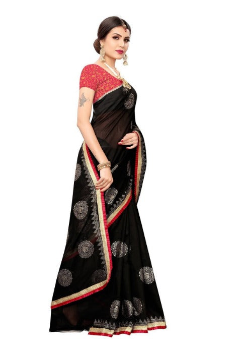Vamika Chanderi Cotton Foil Print Black Saree (GOLDEN BIRD BLACK)