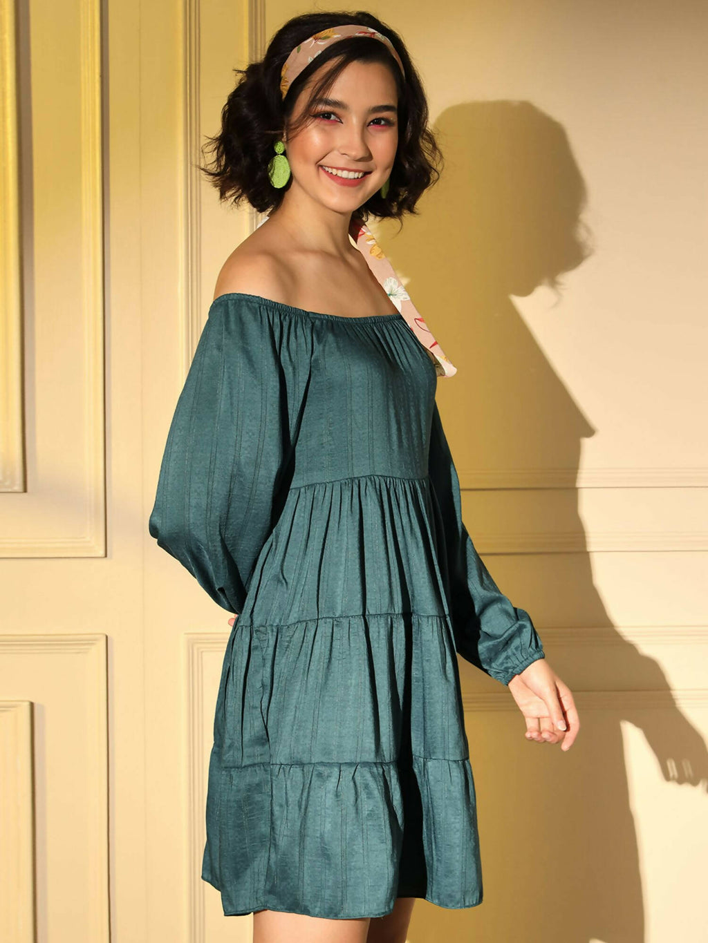 Teal Viscose Solid Design Flared Dress - Shivani