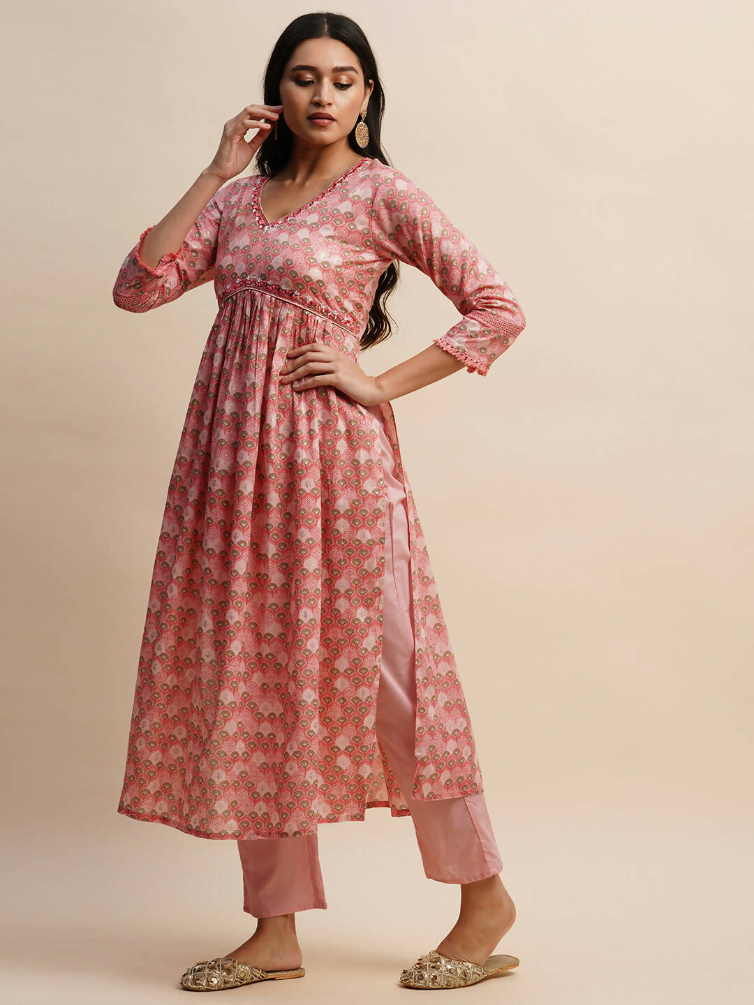Pink Pure Cotton Floral Printed Naira Cut Kurta And Bottom With Dupatta - Akashara