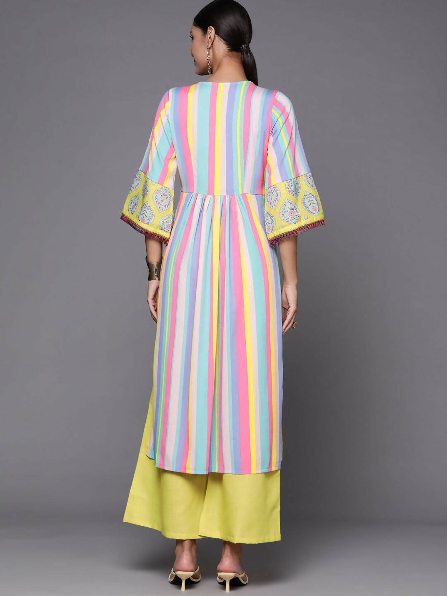 Ahalyaa Women Neon Green & Blue Candy Striped Kurta with Palazzos
