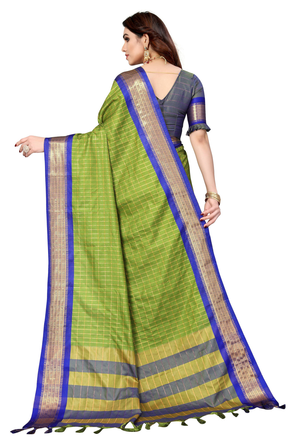 Vamika Weaving Parrot Green Cotton Silk Saree