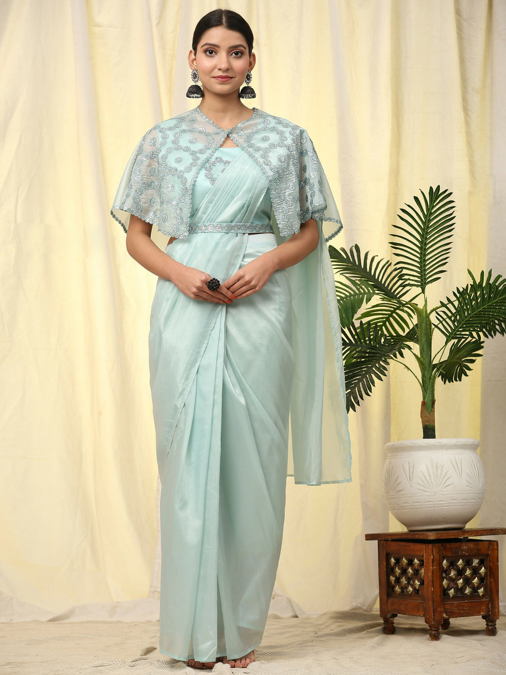 Blue Satin Solid Ready to wear Saree with stitched Blouse - Vanita
