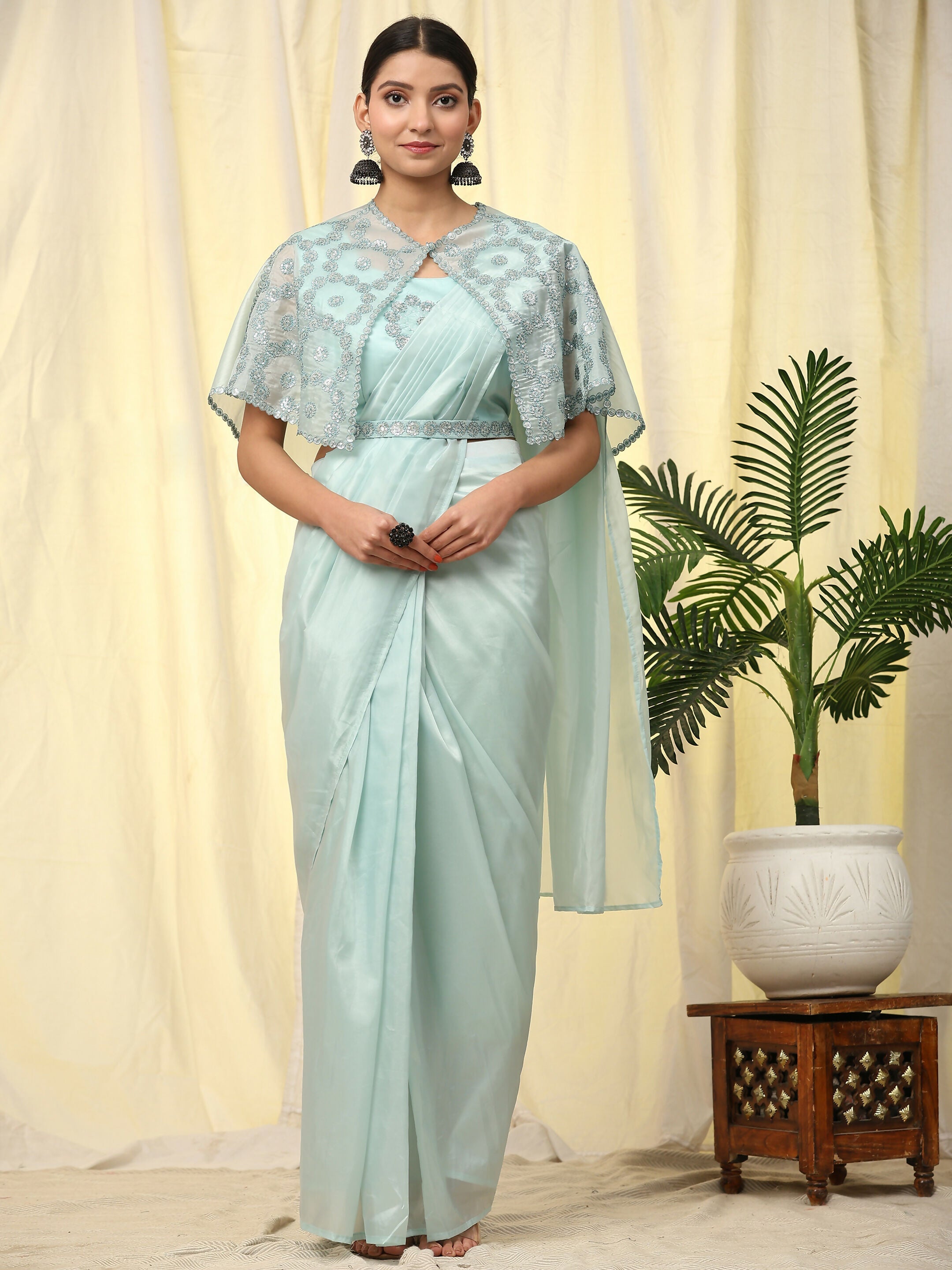 Blue Satin Solid Ready to wear Saree with stitched Blouse - Vanita