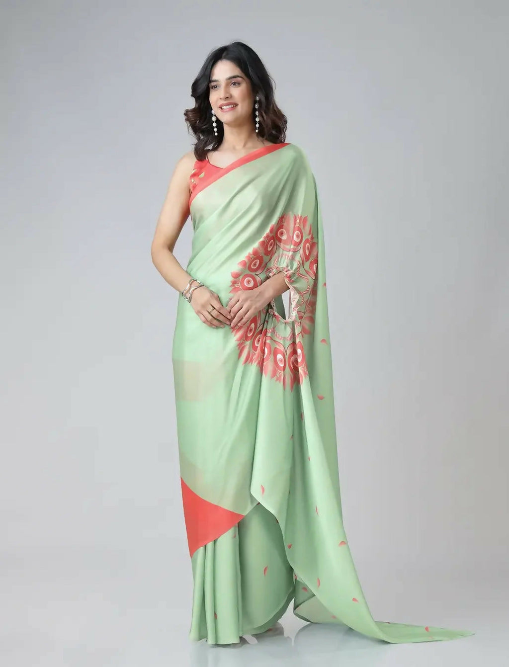Vastranavya Mint Green & Coral Mandala Print Free Hand Ready to Wear Saree