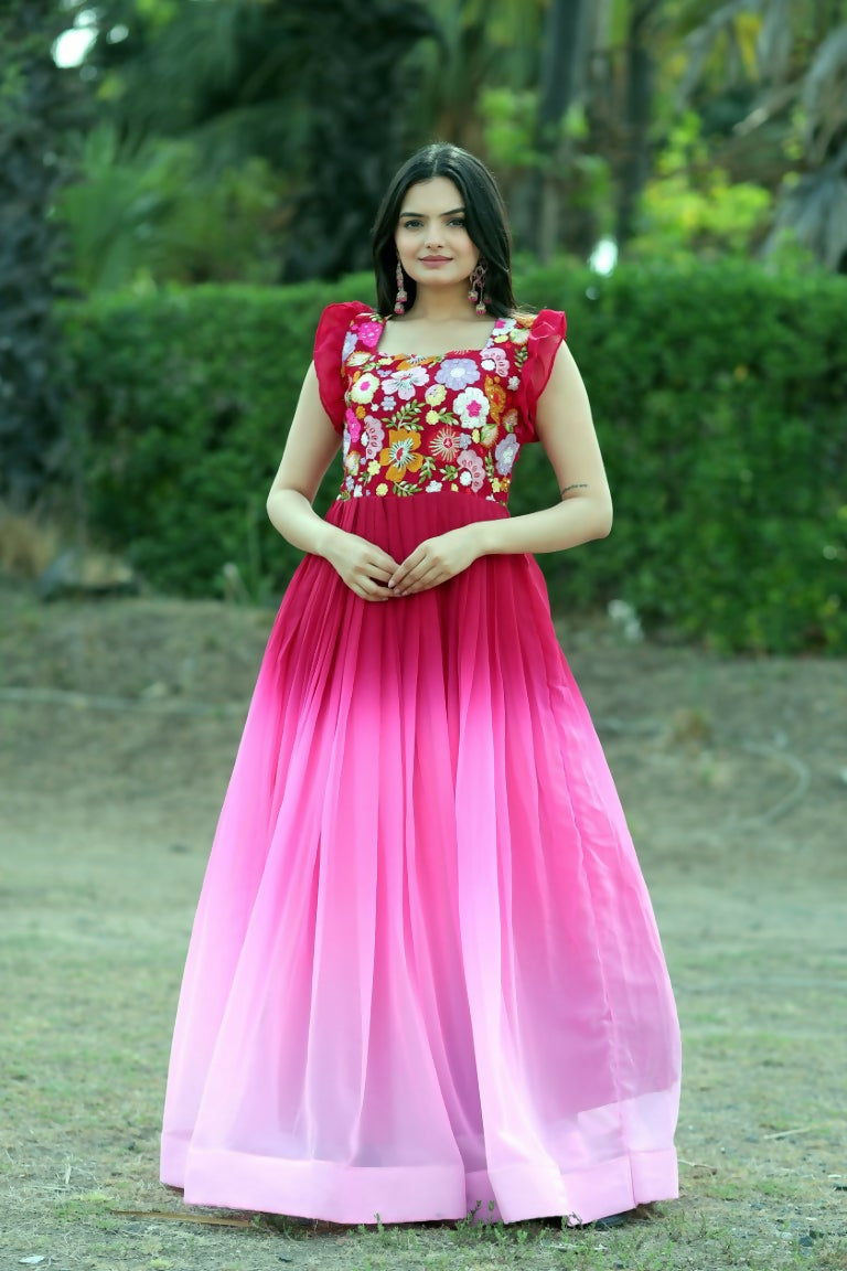 Jyoti Fashion Women's Pink Sequins Embroidery Faux Blooming Anarkali Dress