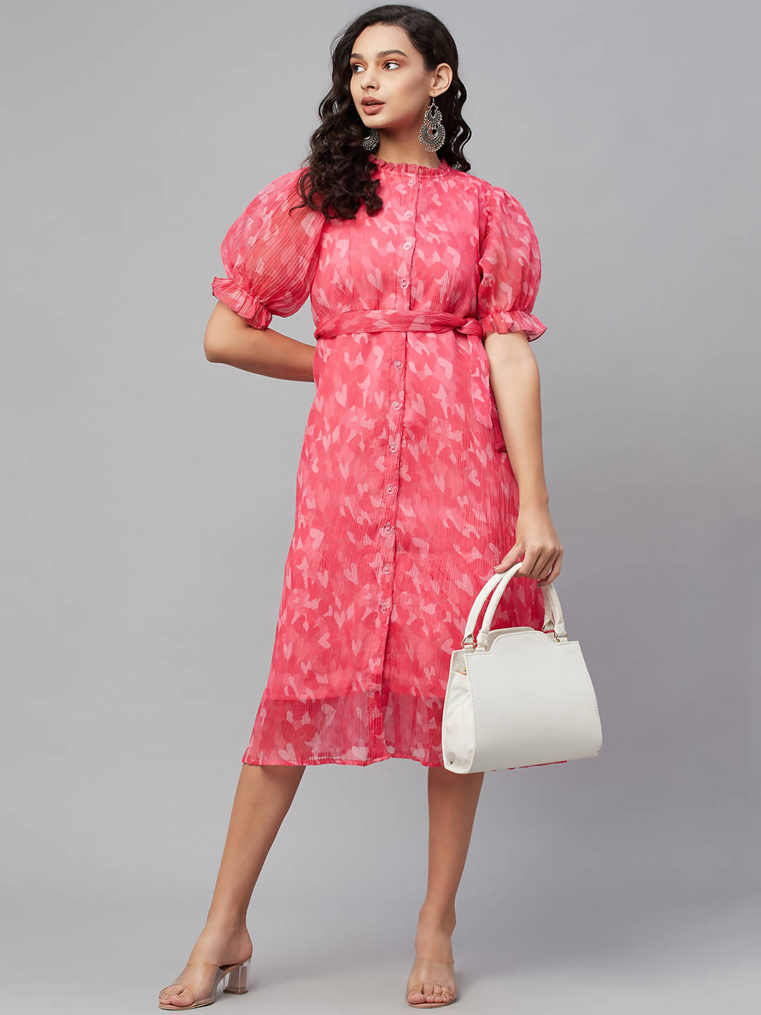 Myshka Women Pink Printed Half Sleeve Round Dress