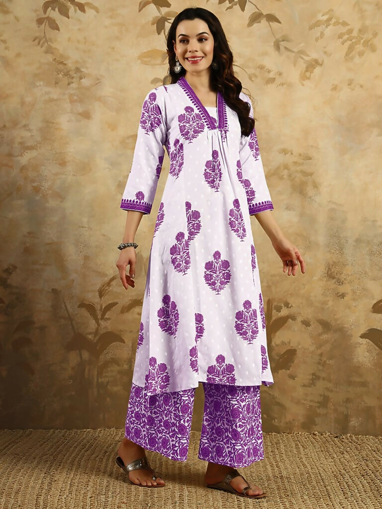 Purple Cotton Blend Printed Anarkali Suit with Dupatta - Rashmika