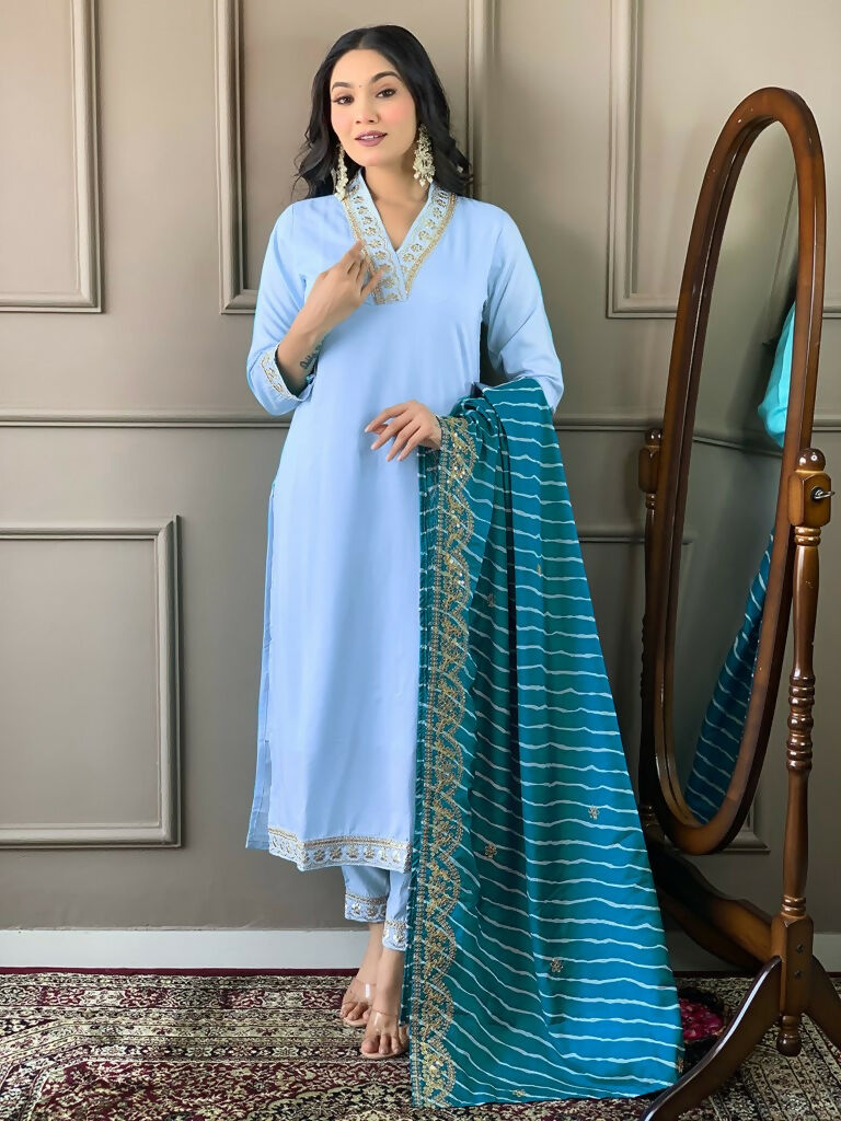 Partywear Designer Viscose Silk Blend Sky Stitched Suit With Dupatta - Tanisha