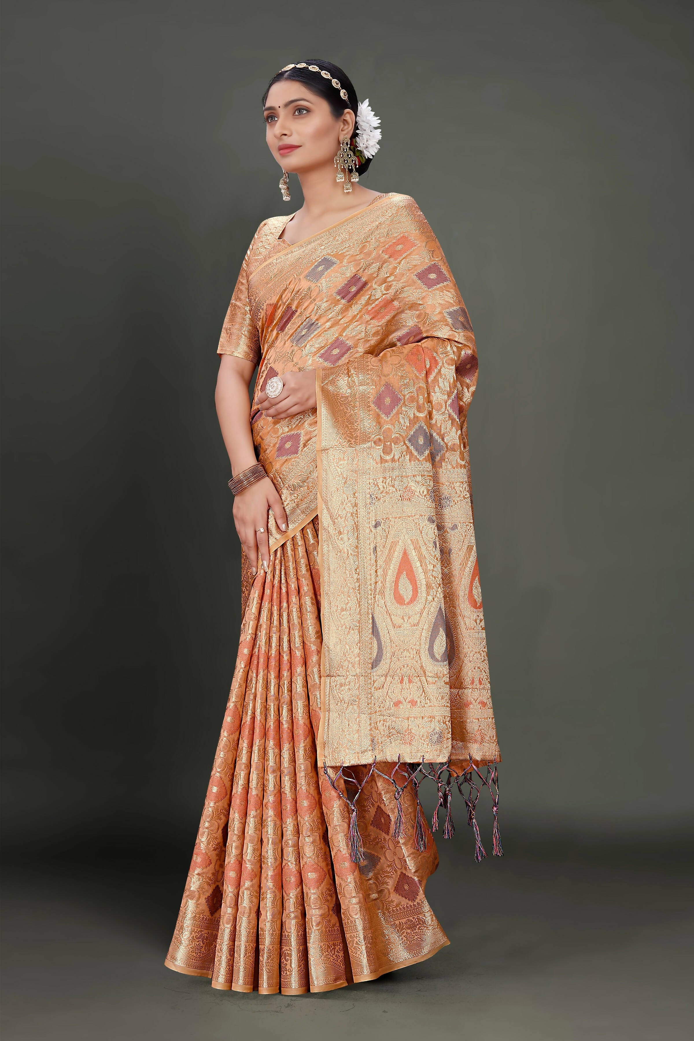Peach Soft Organza Woven Design Saree With Unstitched Blouse Piece - Zaara