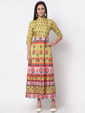 Myshka Women's Multi Cotton Printed 3/4 Sleeve Mandarin Neck Casual Dress
