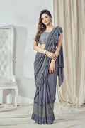 Mahotsav Women's Grey Lycra Embellished Ready To Wear Saree With Stitched Blouse
