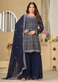 Faux Georgette Blue Embroidered Gharara Style Suit - Emponline