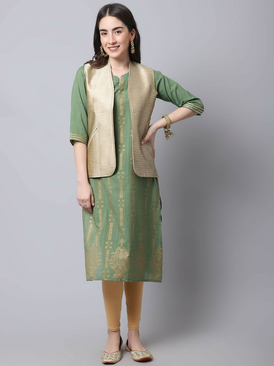 Even Apparels Beige Bansari Silk Open Front Gillet