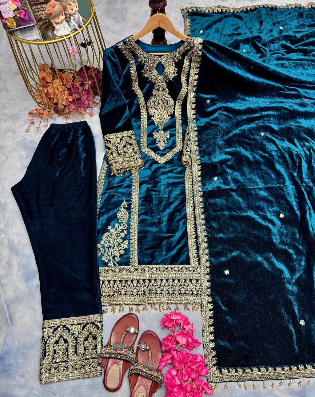 Teeya Creation Teal Color Velvet Fabric Designer Embroidery Work Suit