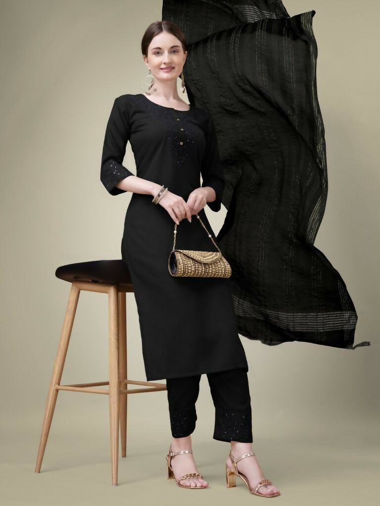 Jyoti Fashion Women's Black Cotton Blend Embroidery & Sequence work Kurta with Trouser & Dupatta