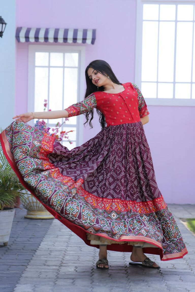 Jyoti Fashion Women's Wine Patola with Foil Print Dola Silk Anarkali Dress