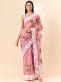 Pink Organza Floral Embroidered Saree with Unstitched Blouse Piece - Roozal