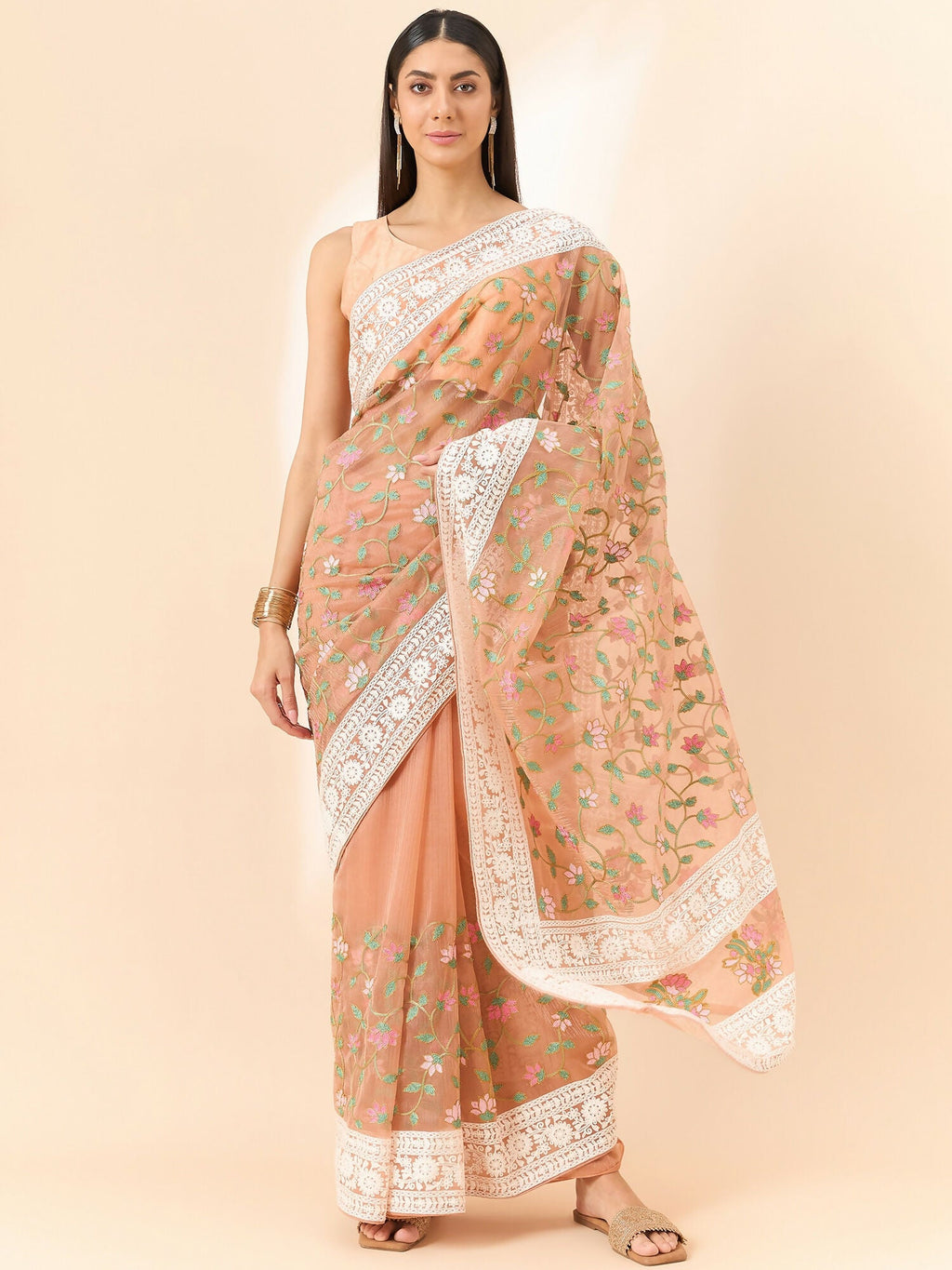 Peach Organza Floral Embroidered Saree with Unstitched Blouse Piece - Roozal
