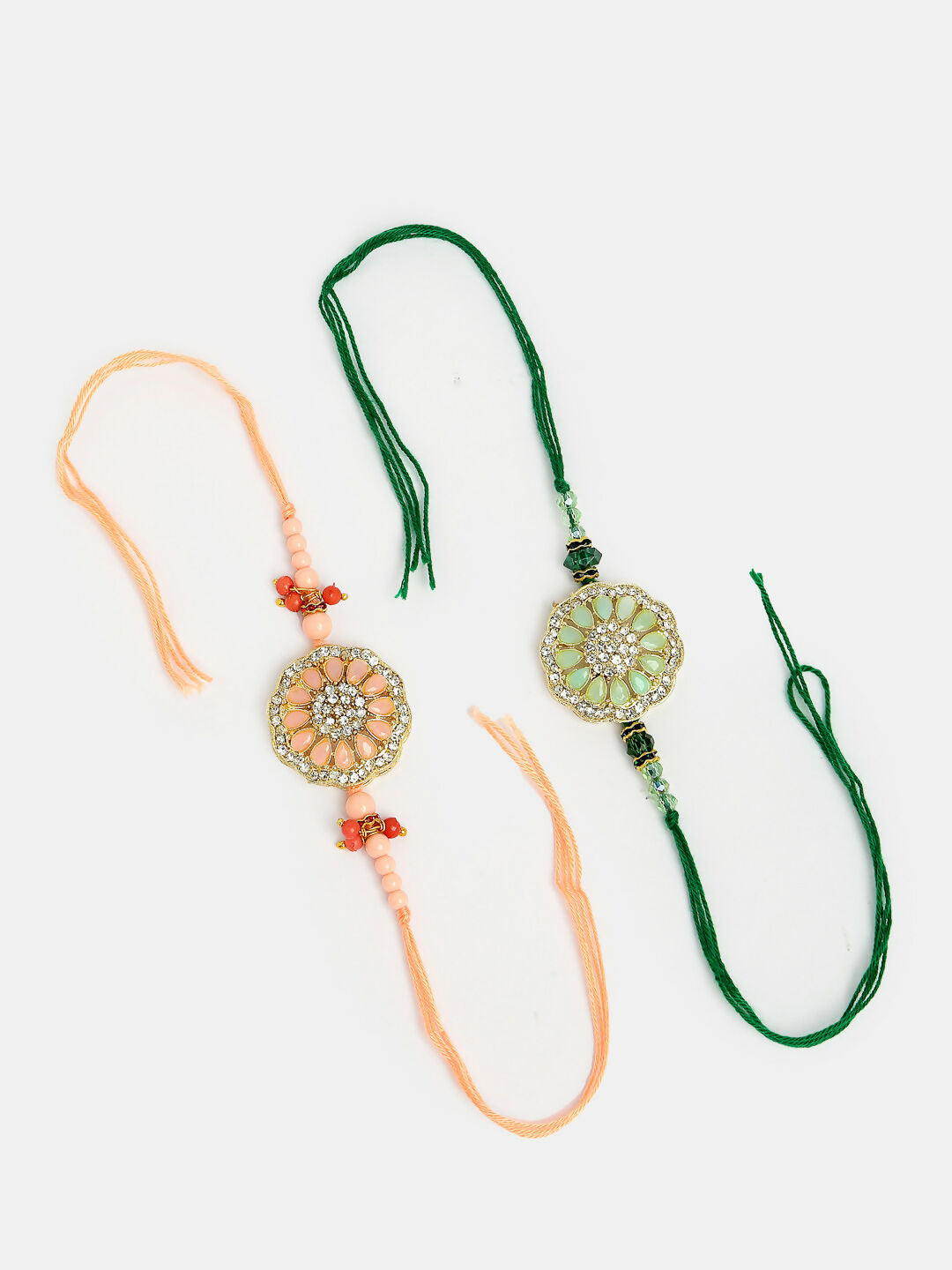 NVR Men Set of 2 Pink & Green Stone-Studded Rakhi With Roli Chawal