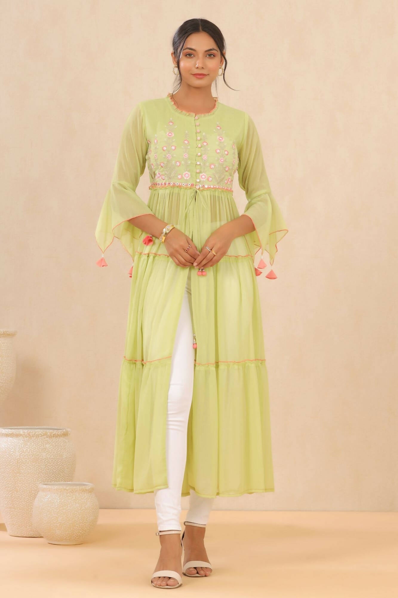 Juniper Women Green Chiffon Embroidered Tiered Kurta