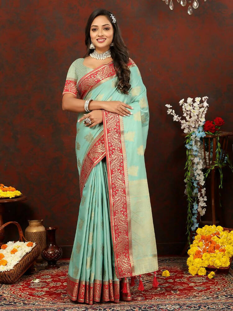 Lorenvalley Fashion Skyblue Cotton Woven Design with Zari Weaving Design Saree