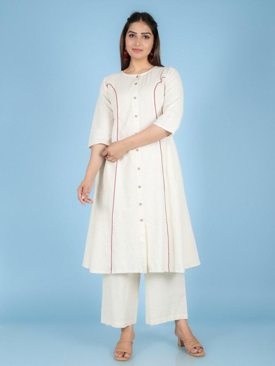 Aramya Cream Linen Cotton Solid Print A-line Kurta Set for Women