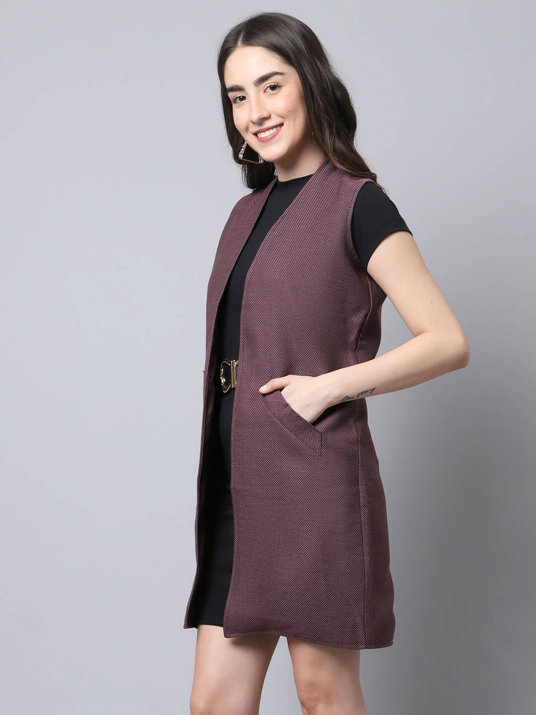 Even Apparels Navy 100% Polyester Open Front Women's Waistcoat