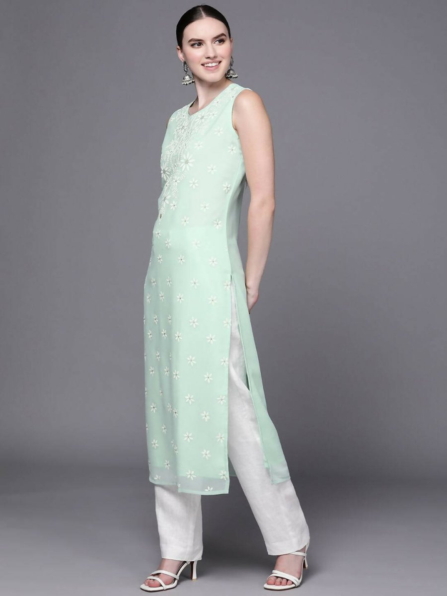 Ahalyaa Women Sea Green Floral Printed Georgette Kurta