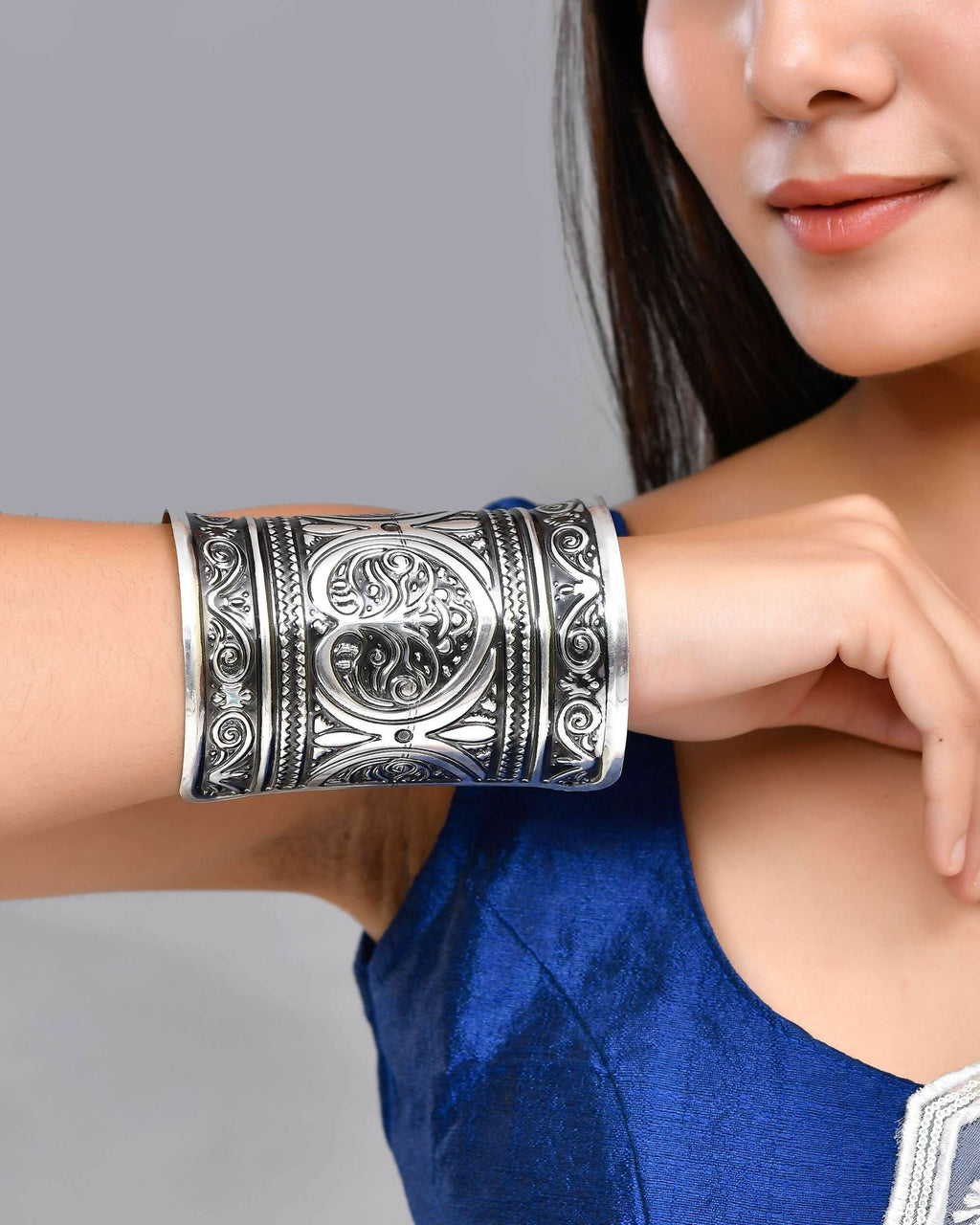 VOJ Silver Plated Oxidised Long Cuff Bracelet