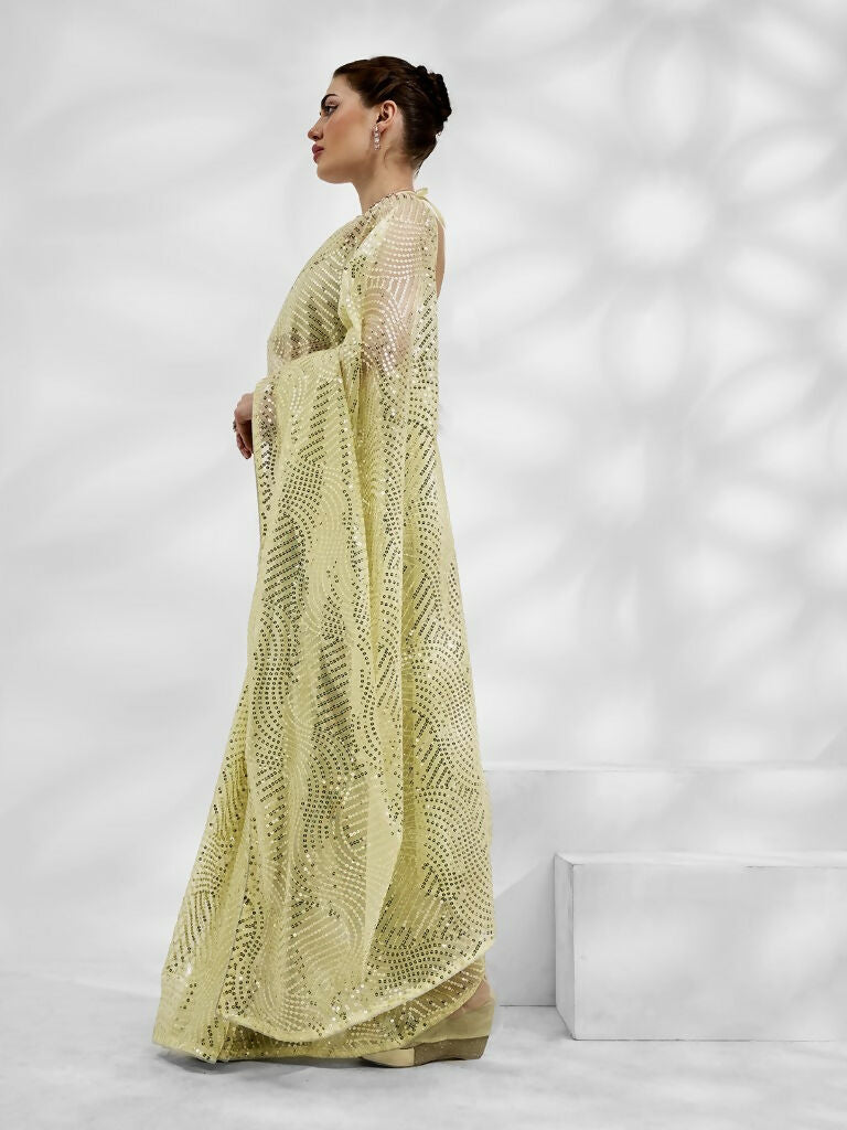 Light Green Net Organza Sequance,Thread Embroidery Work Saree with Unstitched Blouse - Vandini
