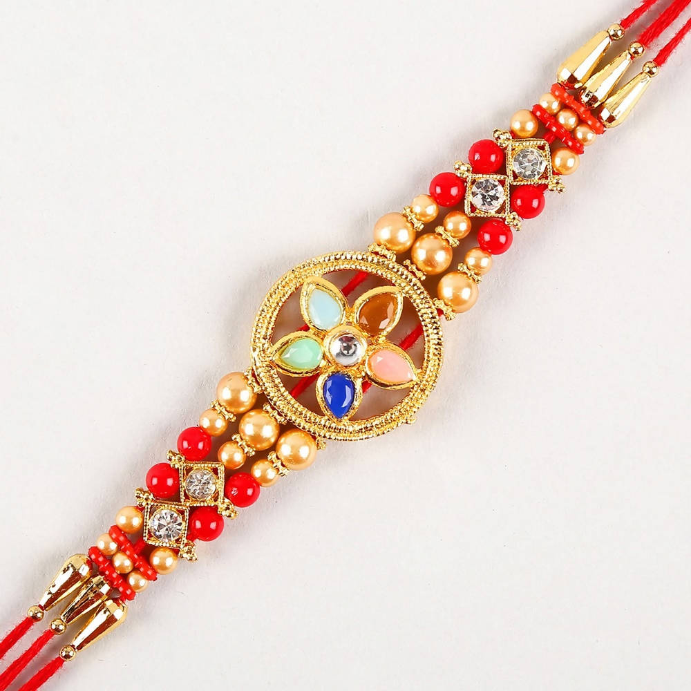 Flower Design Kundan Rakhi and Cadbury Silk Chocolates