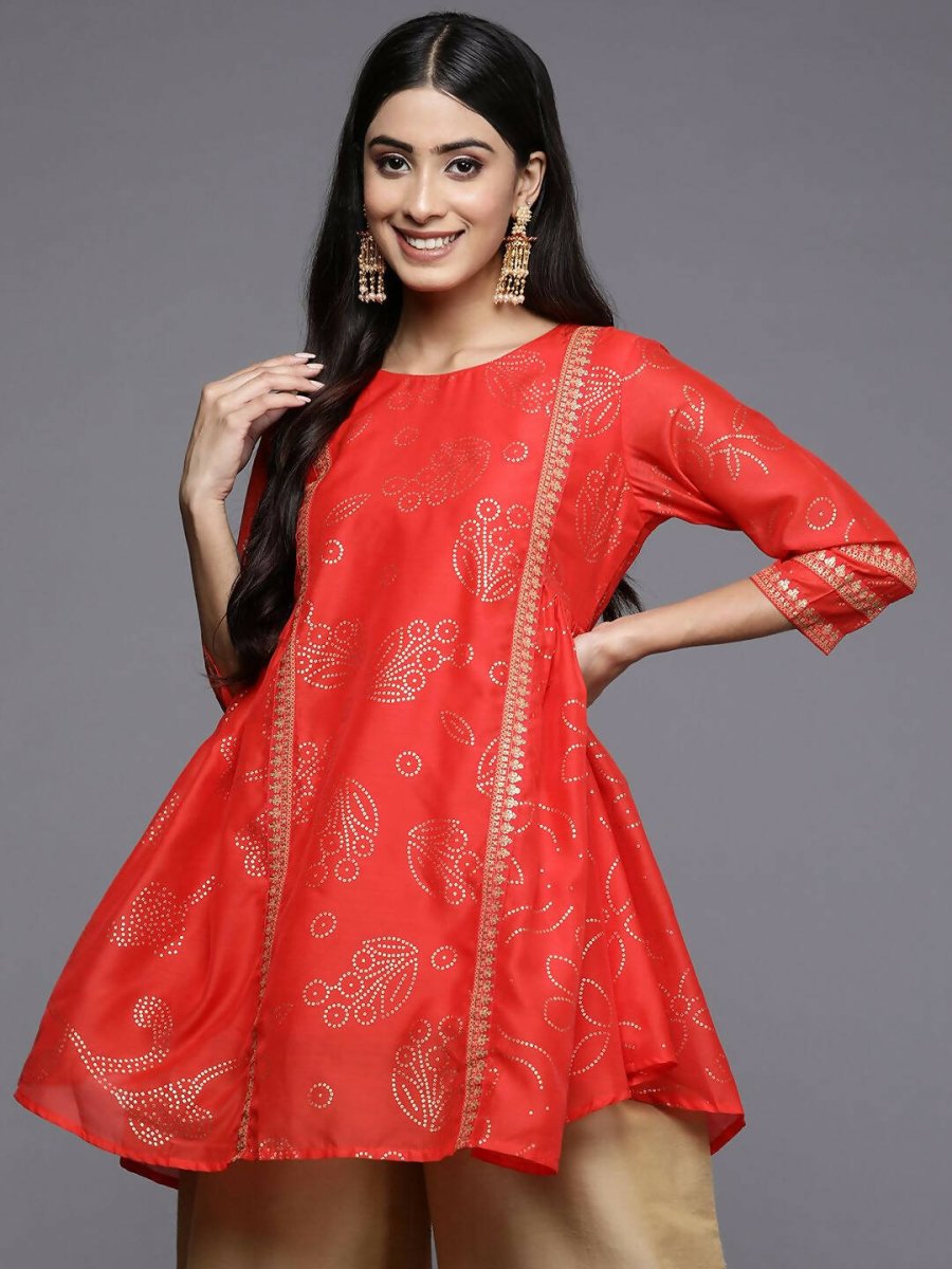 Ahalyaa Womens Red Colour Chanderi Printed Tunic