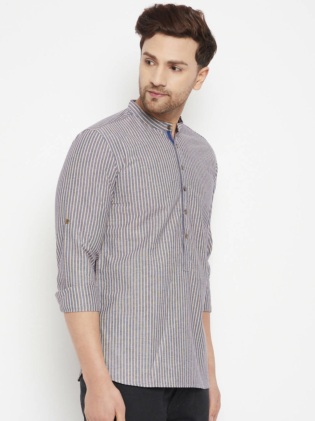 Even Apparels Grey Color Pure Cotton Short Men's Kurta With Band Collar