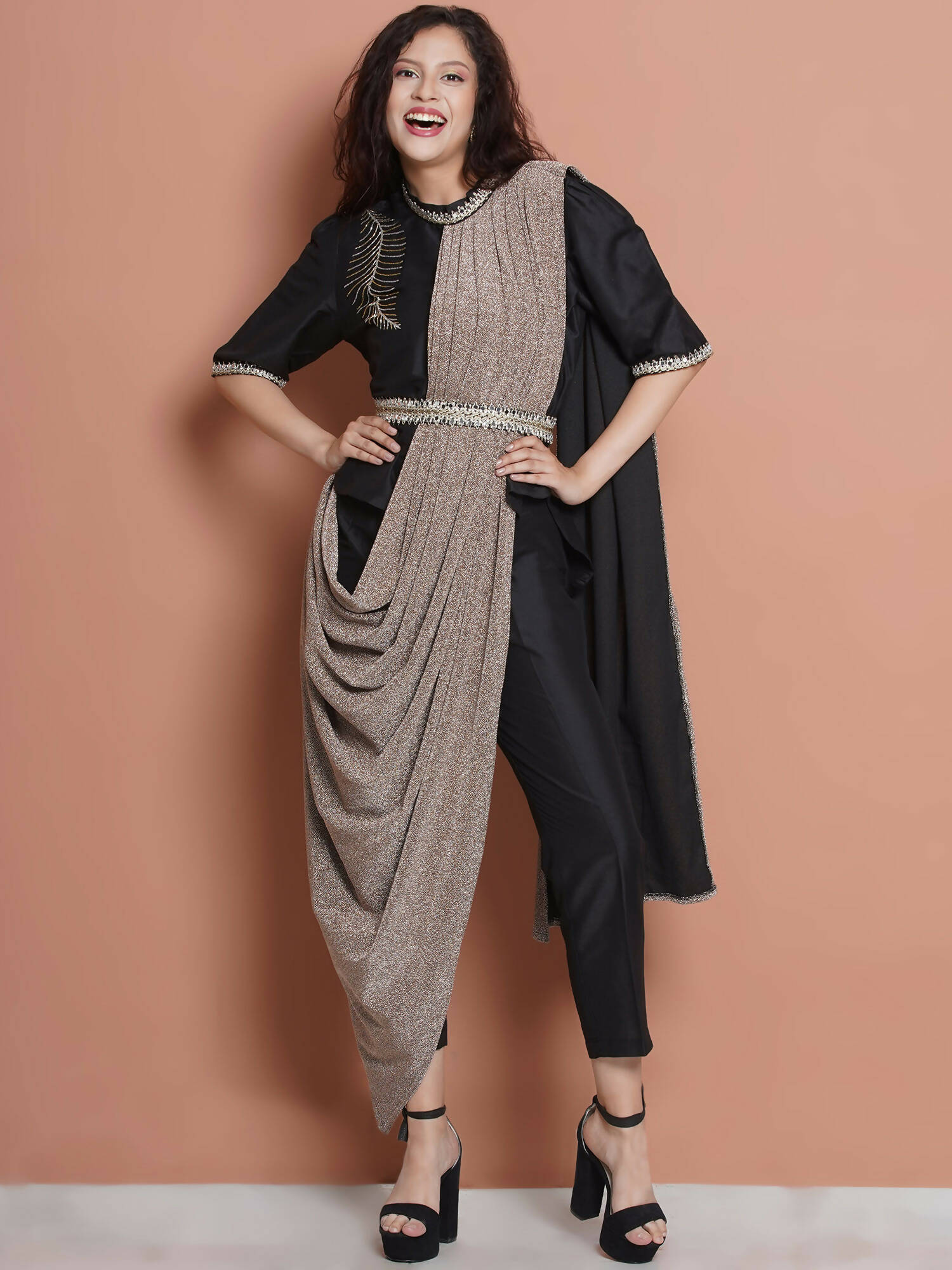 Women Republic Black Cotton Blended Set with Attached Drape