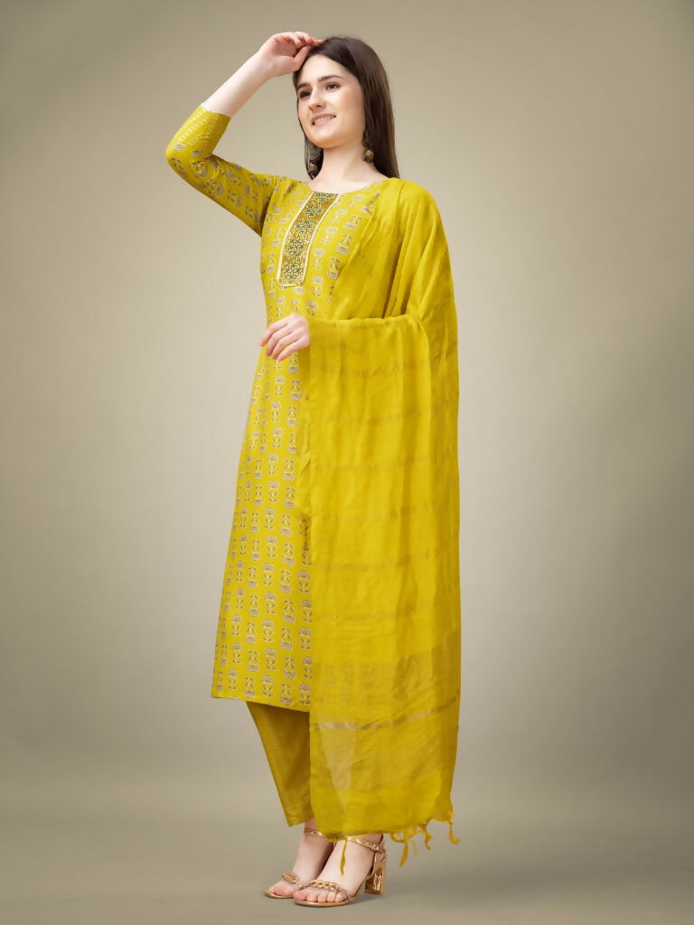 Jyoti Fashion Women's Yellow Rayon Embroidery & Sequence work Kurta with Trouser & Dupatta