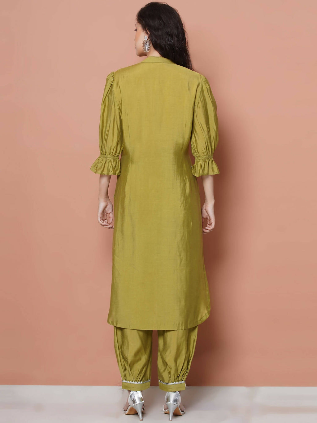 Women Republic Green Art Silk Embroidered Kurta with Afghani Salwar