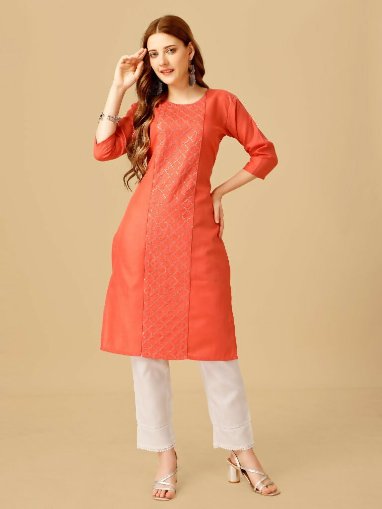 Jyoti Fashion Women's Coral Cotton Blend Embroidered Kurta Pant Set