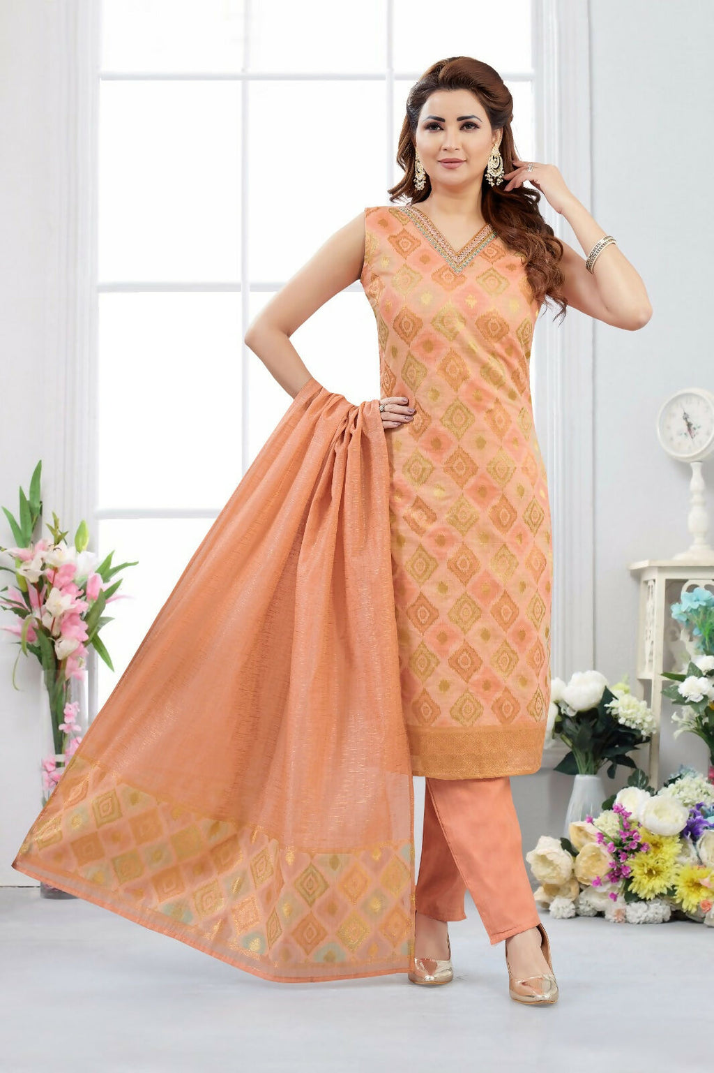 Joban Fashion Jacquard Peach Color Kurta Set