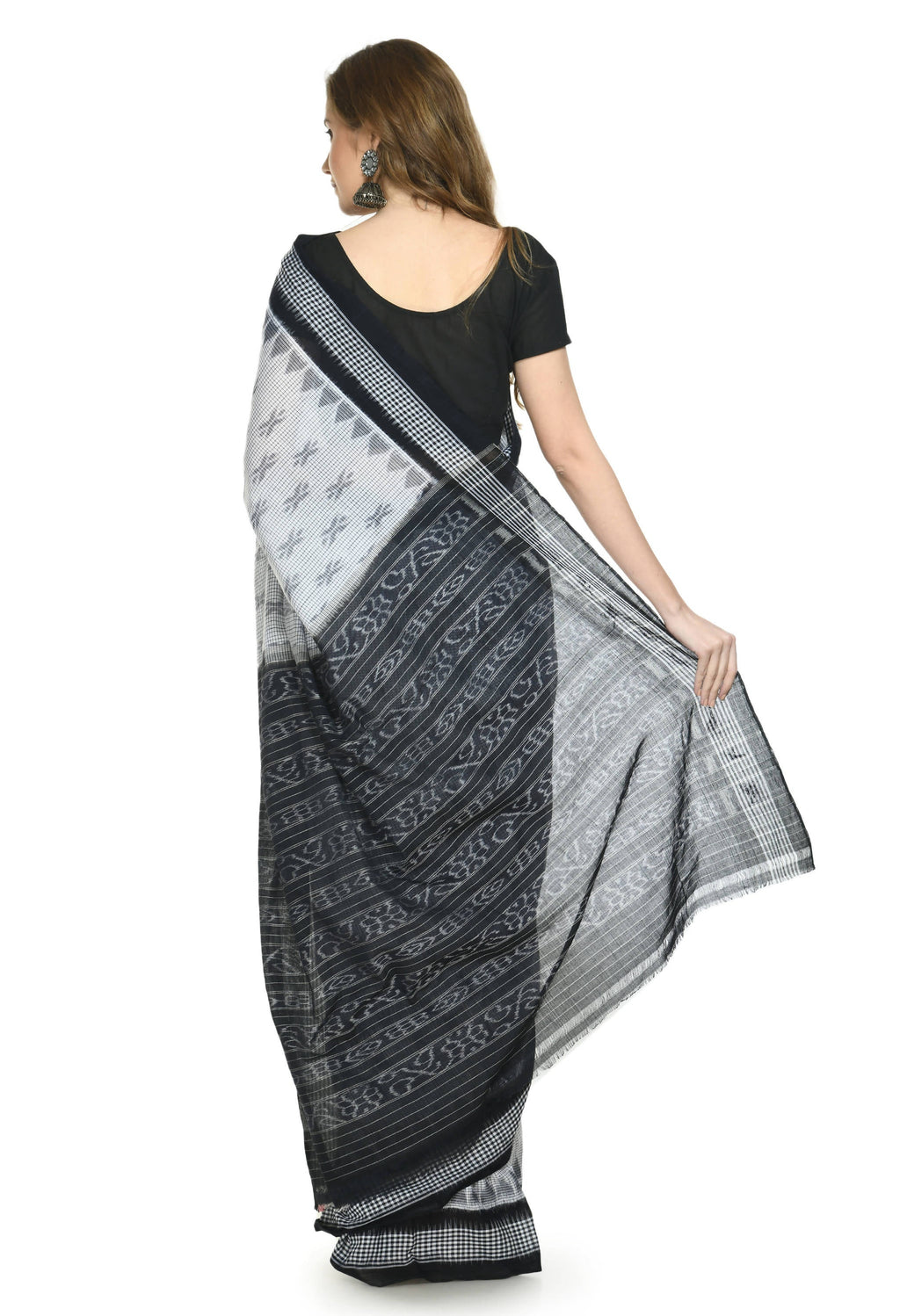 Vamika Sambalpuri Ikat Cotton Dehabandha White & Black Checks Saree