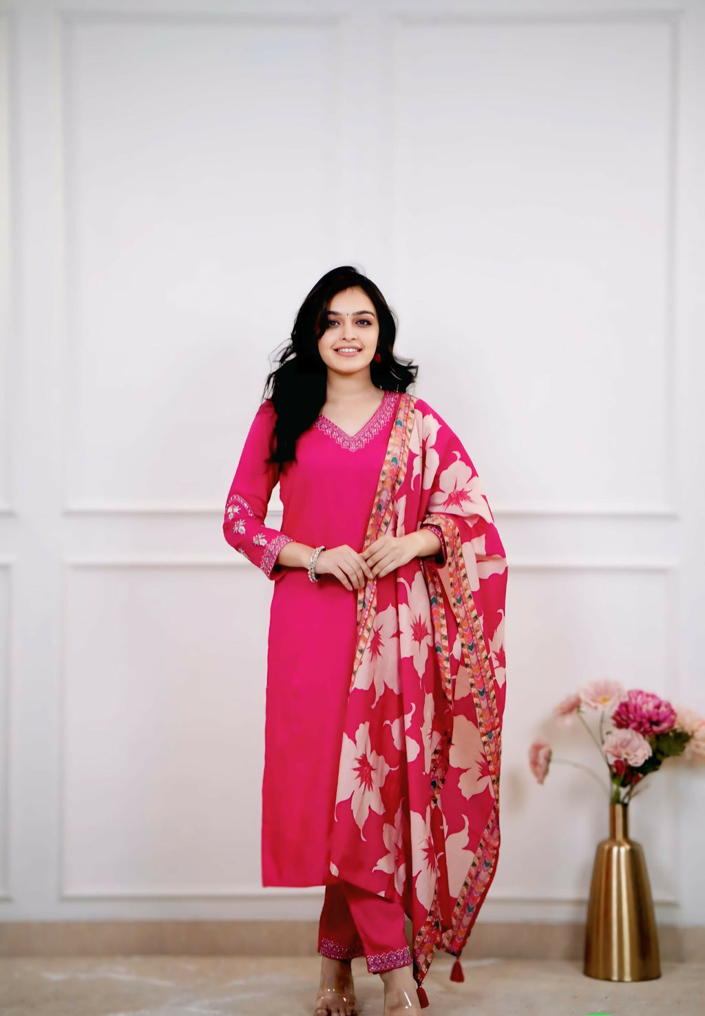 The52 Pink Women's Beautiful Viscose Silk Fabric Embroidered Work Straight Kurta Pant and Dupatta Set