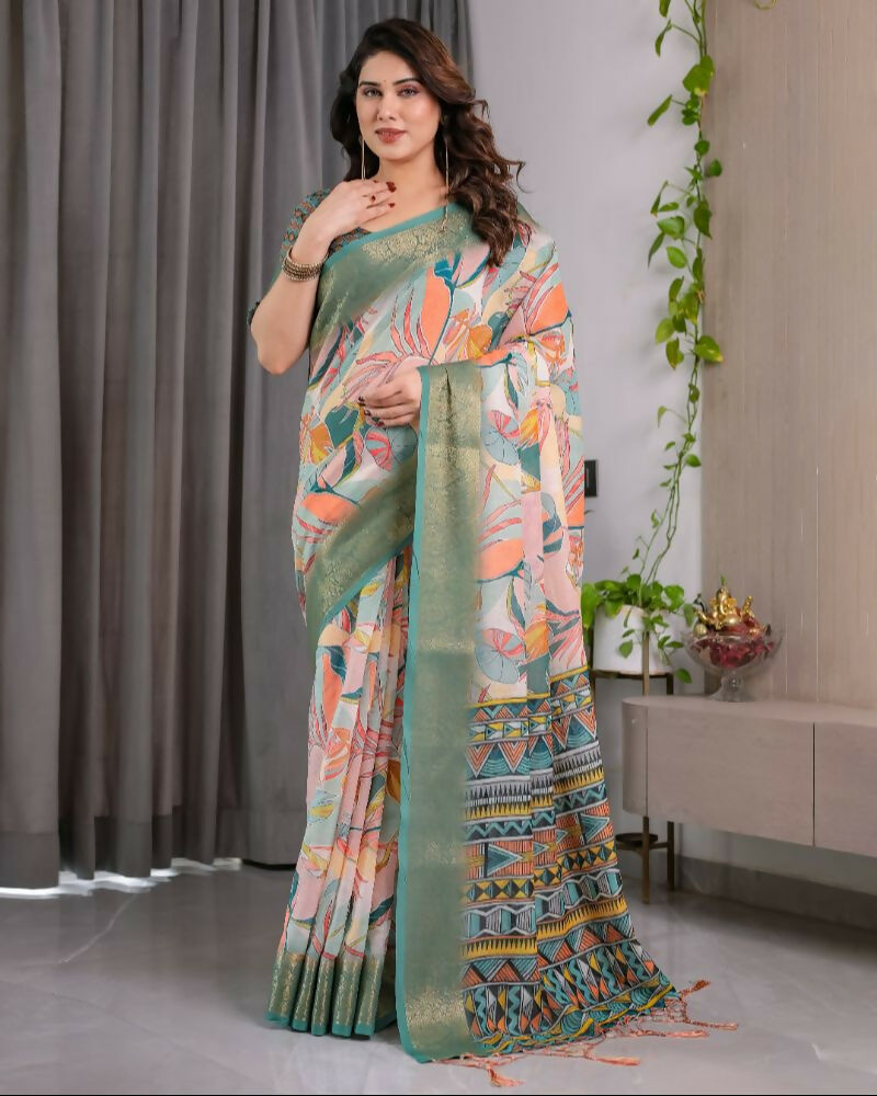 PR Fashion Olive Pure Handloom Linen Saree