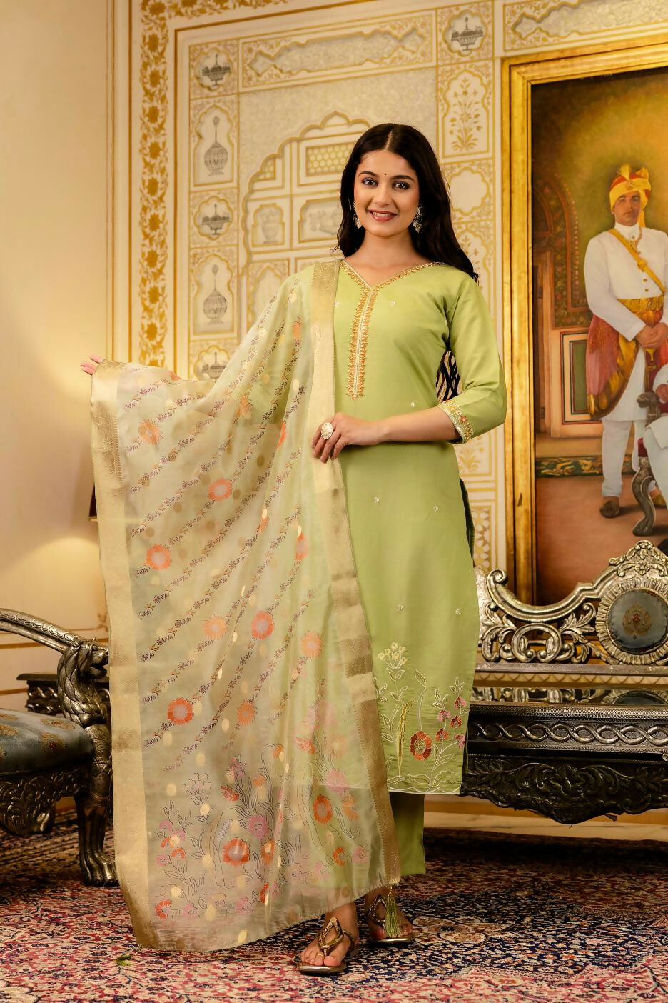 The52 Lemons Women's Beautiful Viscose Shimmer Fabric Embroidered Work Straight Kurta Pant and Dupatta Set