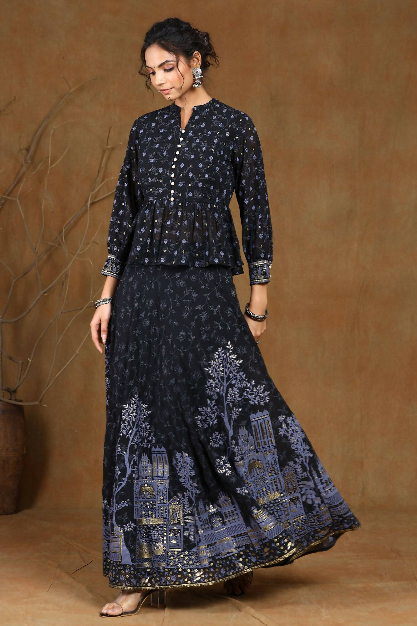 Juniper Women Black Georgette Printed Flared Lehenga Choli Sets